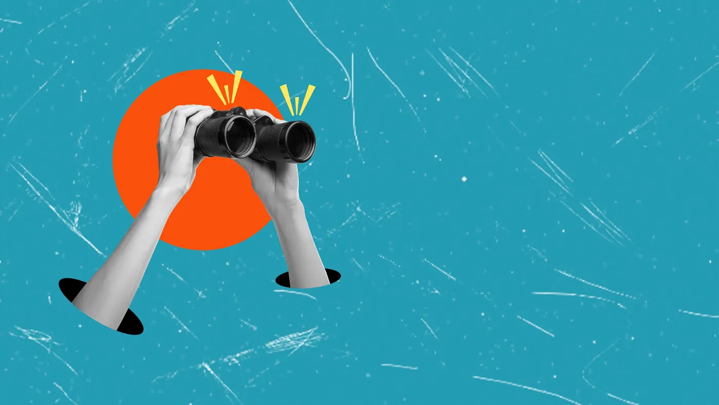 Contemporary artistic collage depicting hands holding binoculars against a blue background