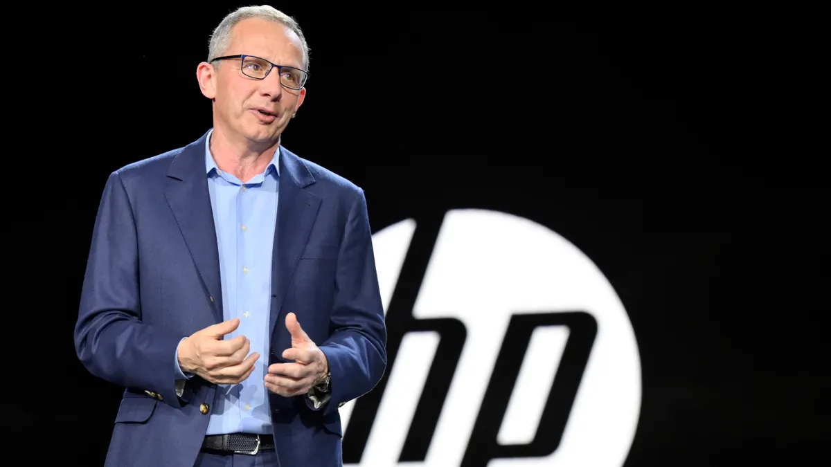 HP President and CEO Enrique Lores speaks during a keynote address at CES 2023 at the Venetian Las Vegas on Jan. 4, 2023 in Las Vegas.