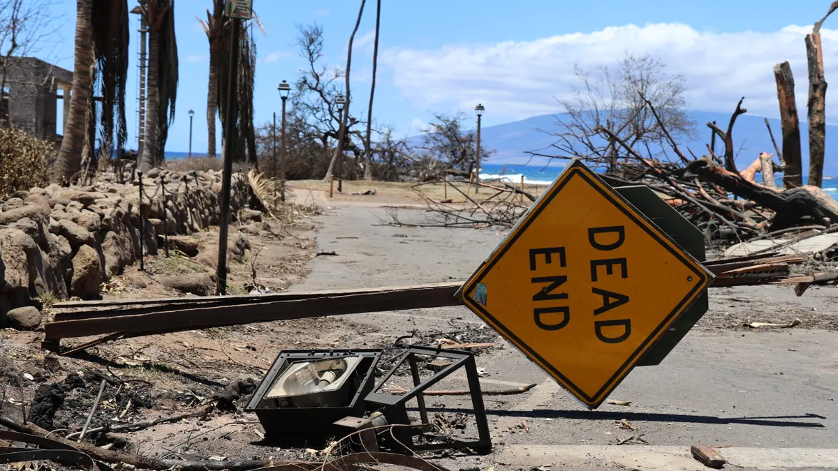 A yellow dead end sign lies across a road with burn trees and other detritus around it, and a blue sky and mountain in the background.