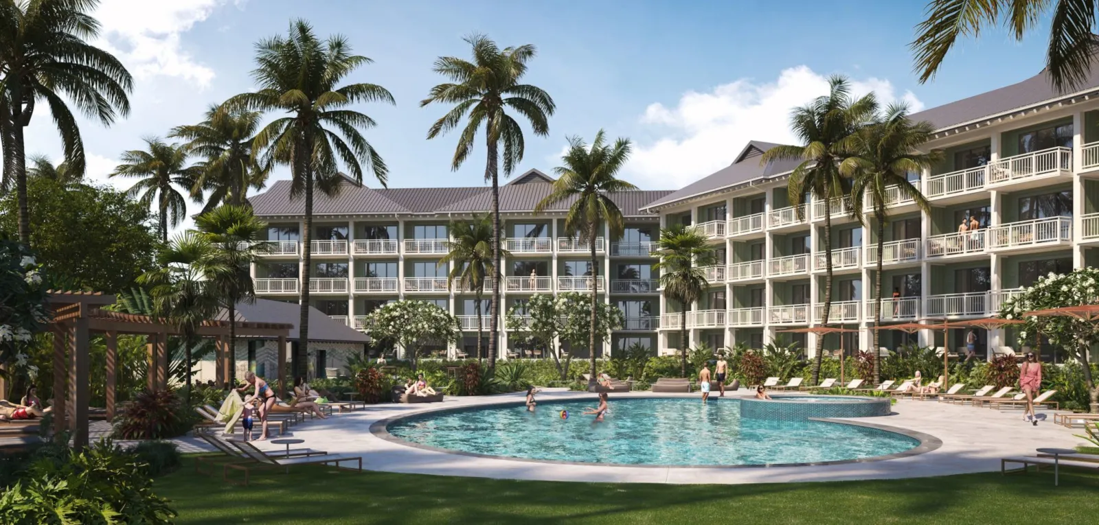 Rendering of a hotel pool surrounded by palm trees