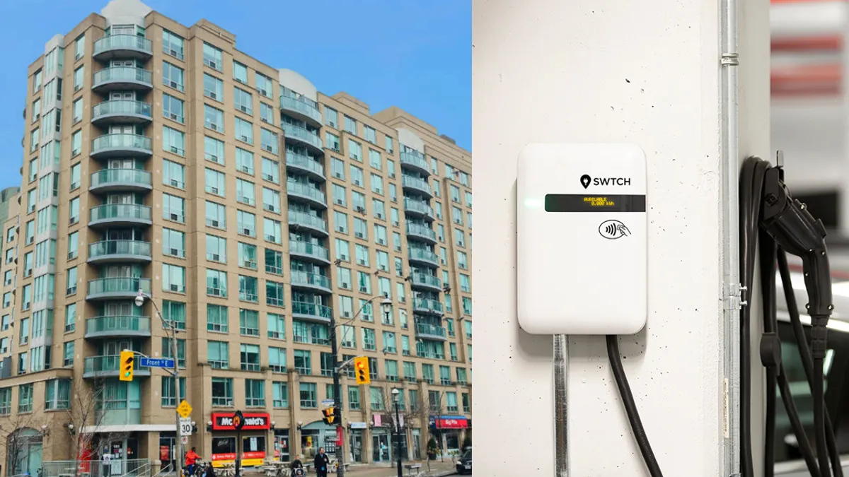 A SWTCH EV charger set up right across the street of a multifamily housing unit.