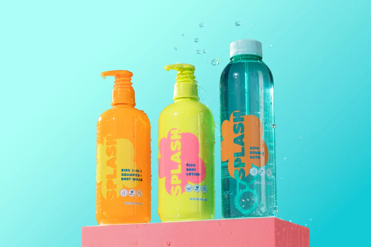 Initial products from Splash's body care lineup, including a 2-in-1 shampoo and body lotion.