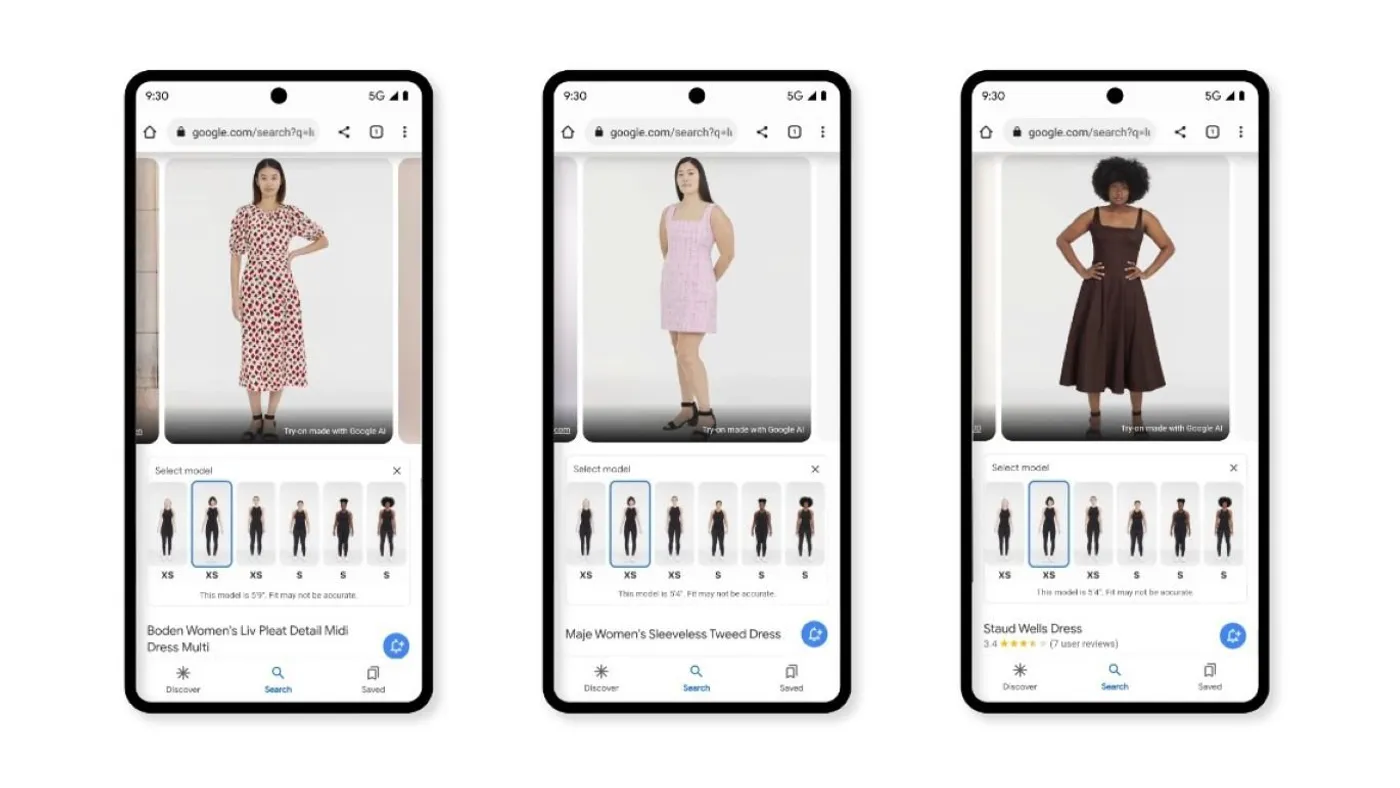 Three phones show people in dresses