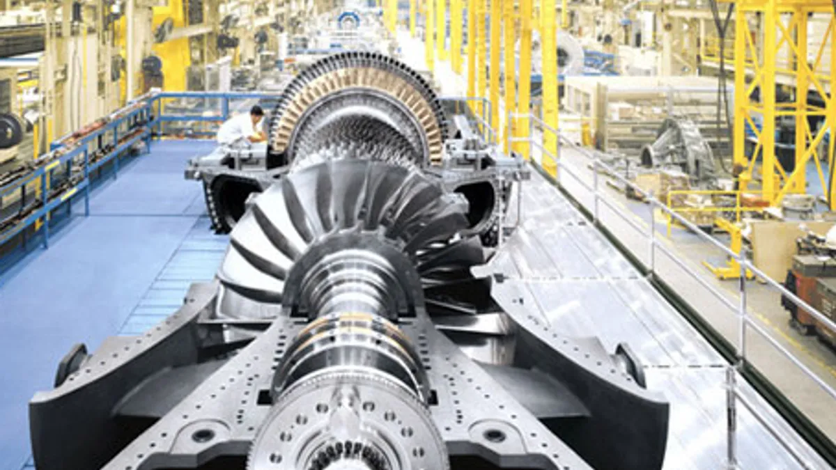 A heavy-duty gas turbine being manufactured by General Electric.