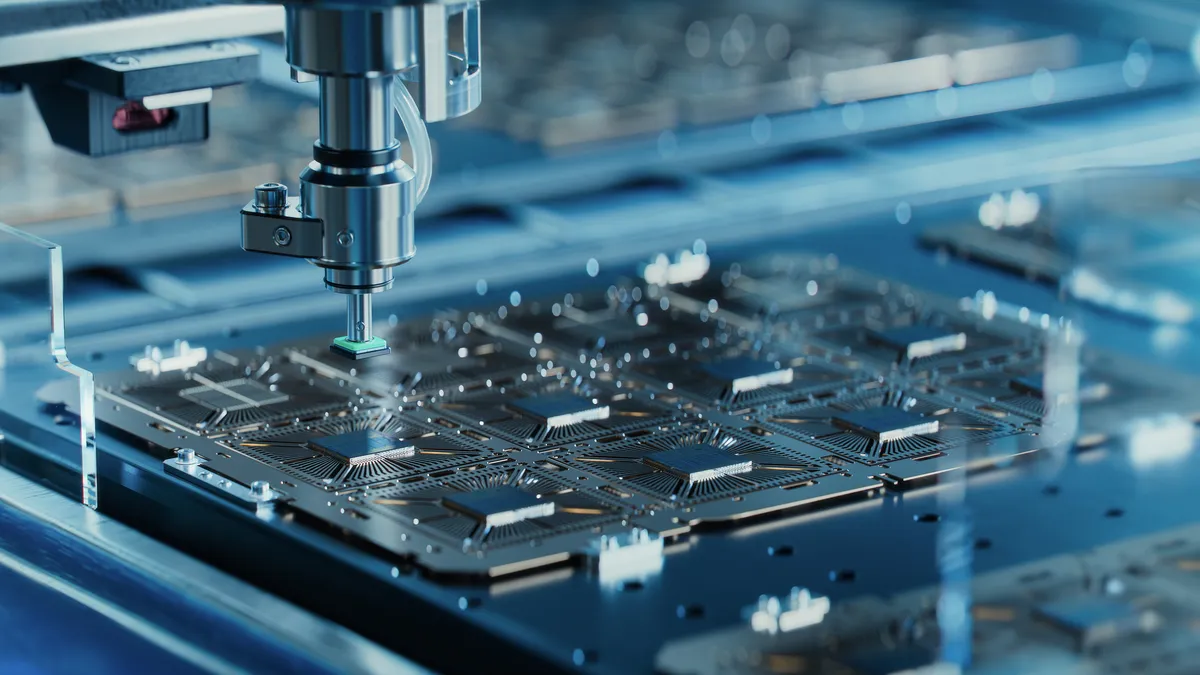 A machine attaching silicon dies to a chip at a fabrication facility.