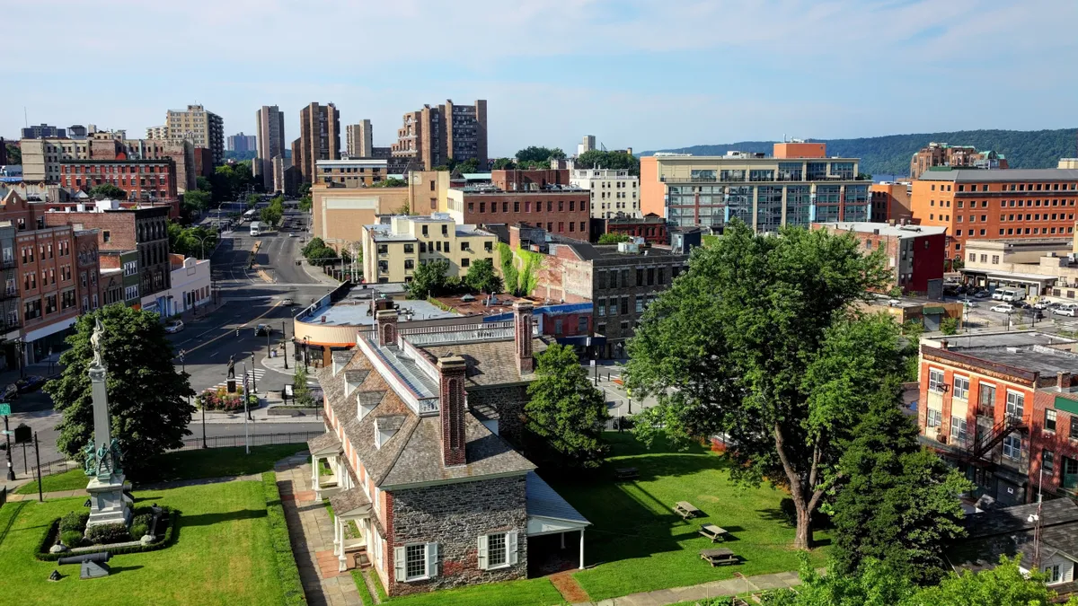 An aerial view of an urban setting.