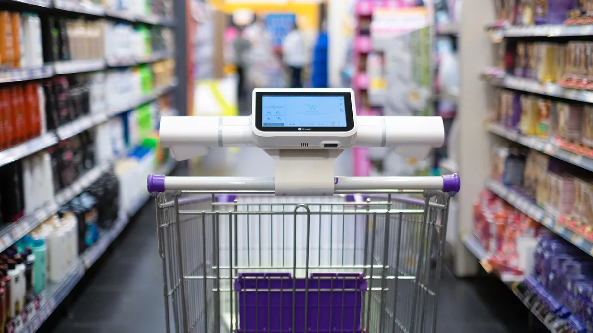 Automated checkout device on shopping cart