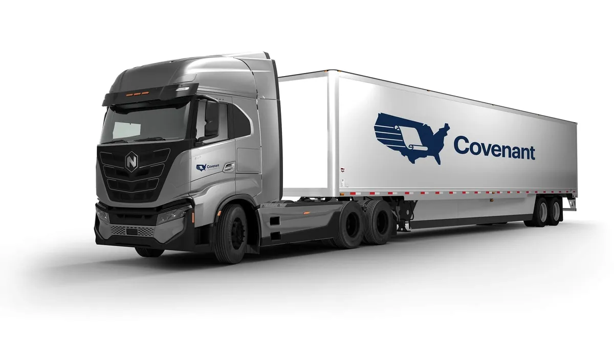 A rendering of a Nikola truck pulling a Covenant Logistics trailer.