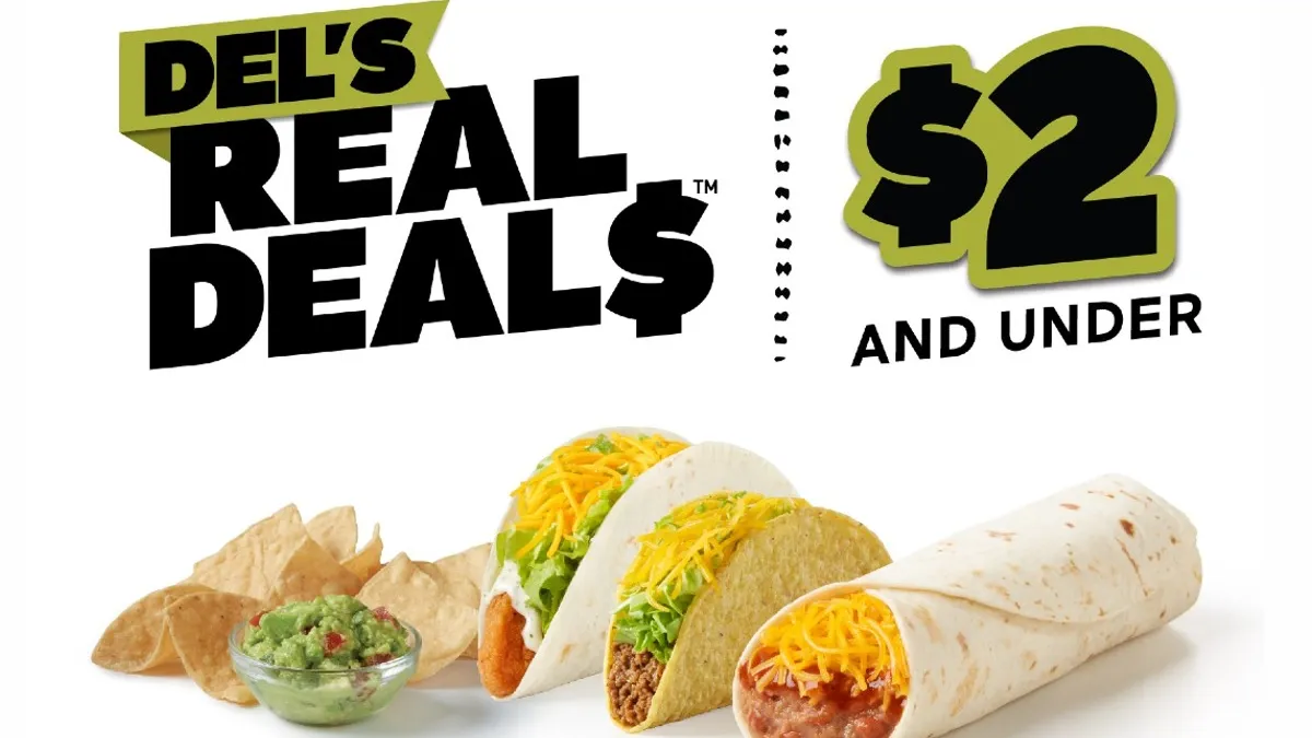 An image of a taco, burrito and chips and guacamole under words that say "Del's Real Deal $2 and under.