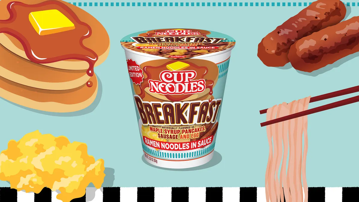 A graphical representation of Cup Noodles Breakfast. The cup is in the middle and there are graphics of pancakes and syrup, scrambled eggs, sausage links and chopsticks holding noodles in the corners.