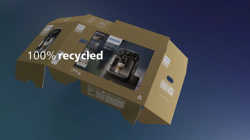 A brown cardboard box with an image of a coffee maker and the Philips logo on the outside.