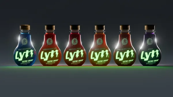 A variety of lightbulb-shaped plastic containers that have branding for Lytt alcoholic beverages.