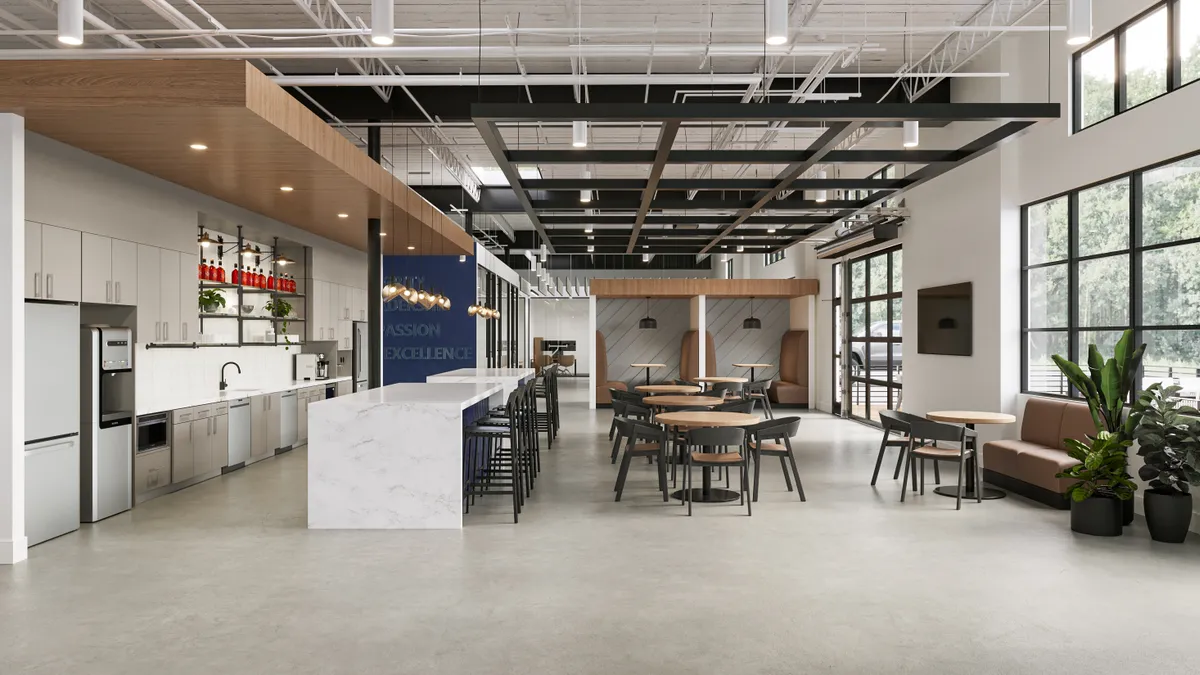 A rendered picture of a modern, chic office lounge. It's an open concept lounge with a nice white table in the center, and a little bar to the left of the photo. Natural light fills the room.