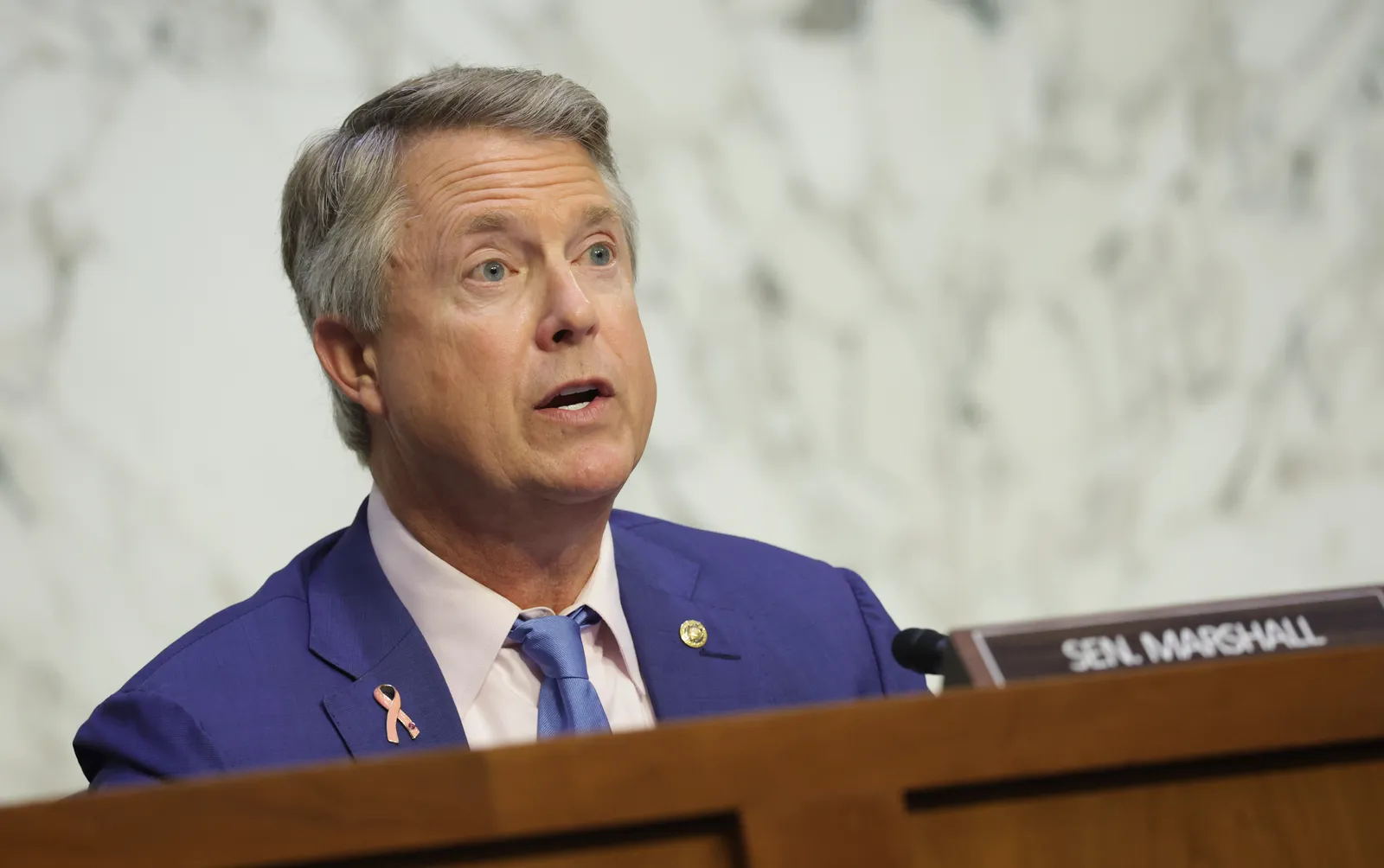 Senator Roger Marshall (R-Kan.) speaks during a Senate HELP committee hearing