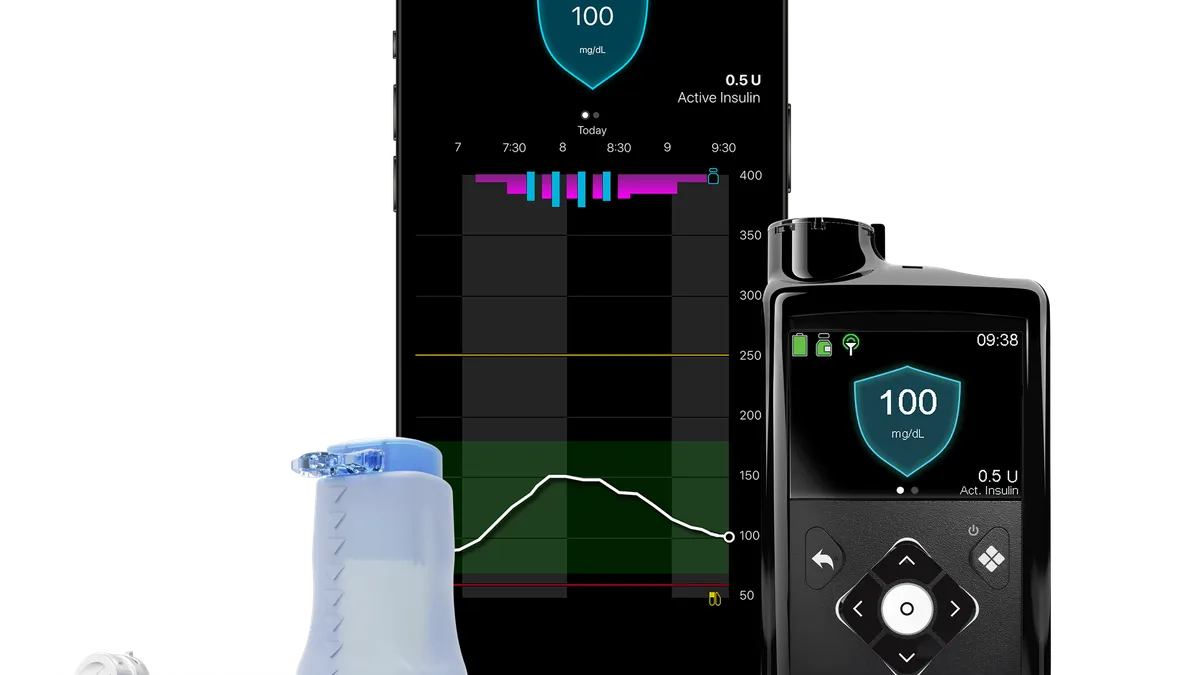 From left to right: a white cylindrical device with a cord, a smartphone app showing blood glucose levels, a square device showing a blood glucose reading, and a white circular device.