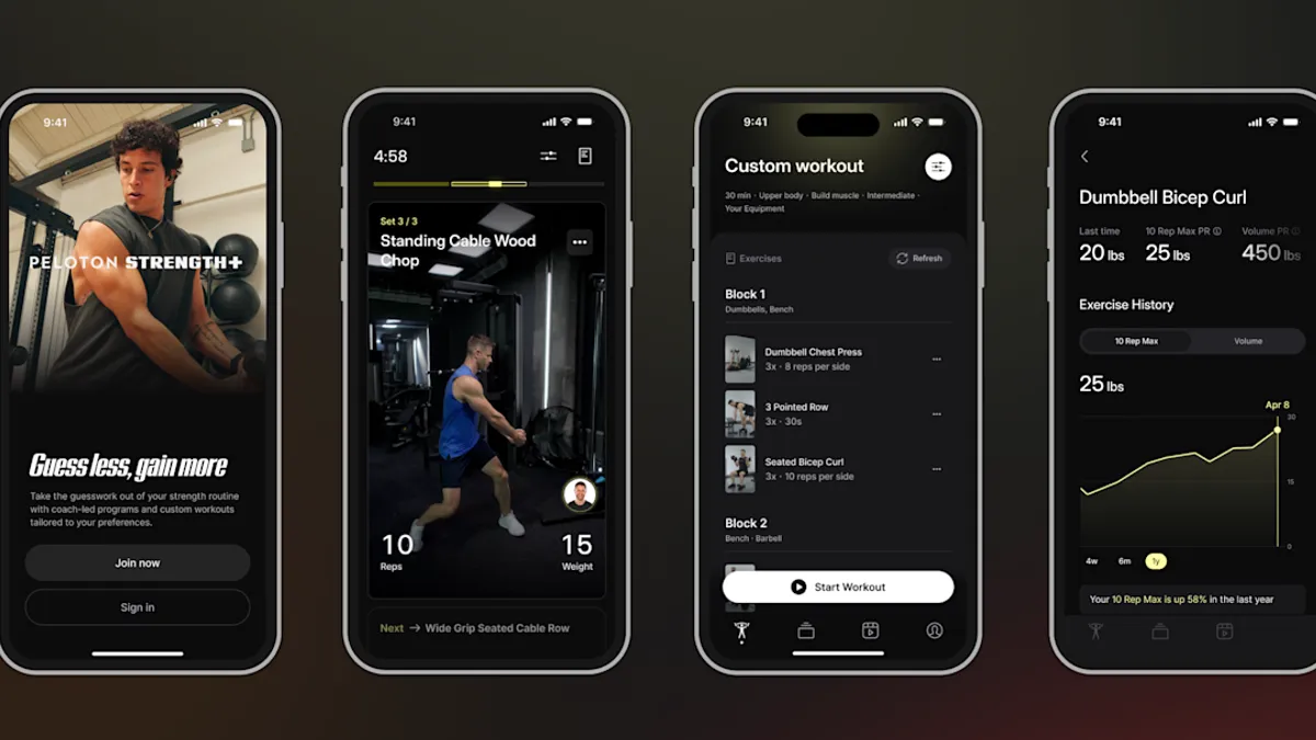 Phones showing examples from the Strength+ app by Peloton