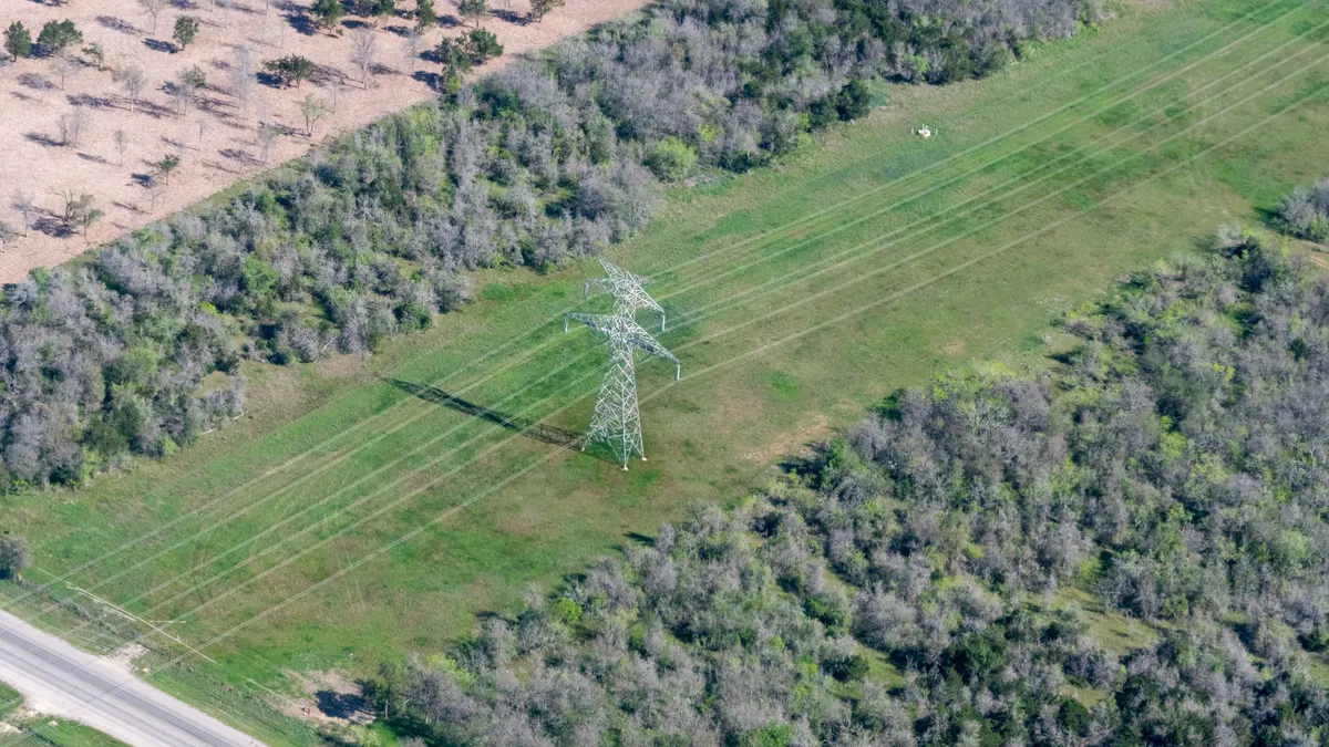 An aerial view of an electric transmission line.