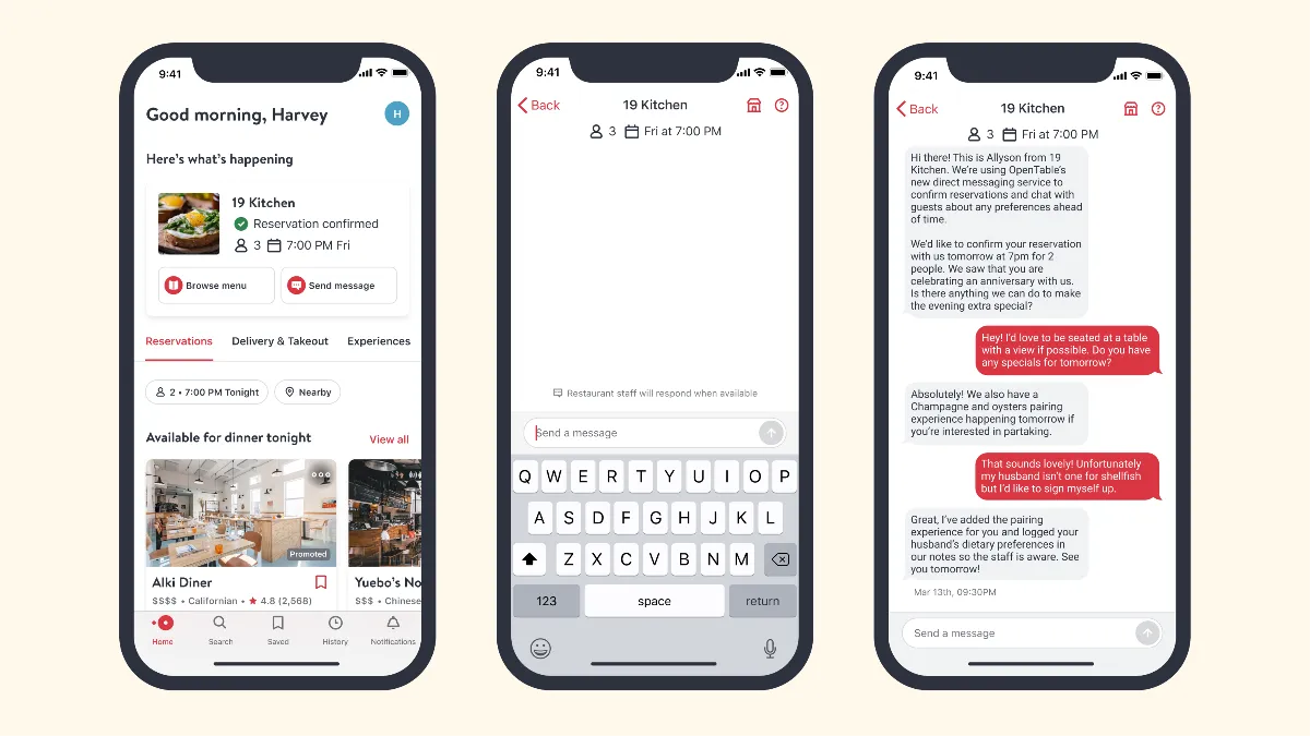 OpenTable launched direct messaging in August 2021.