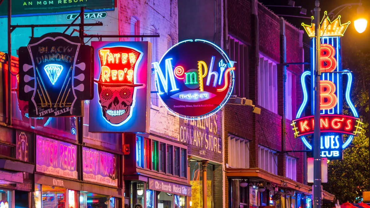 Neon signs of famous blues clubs on Beale street