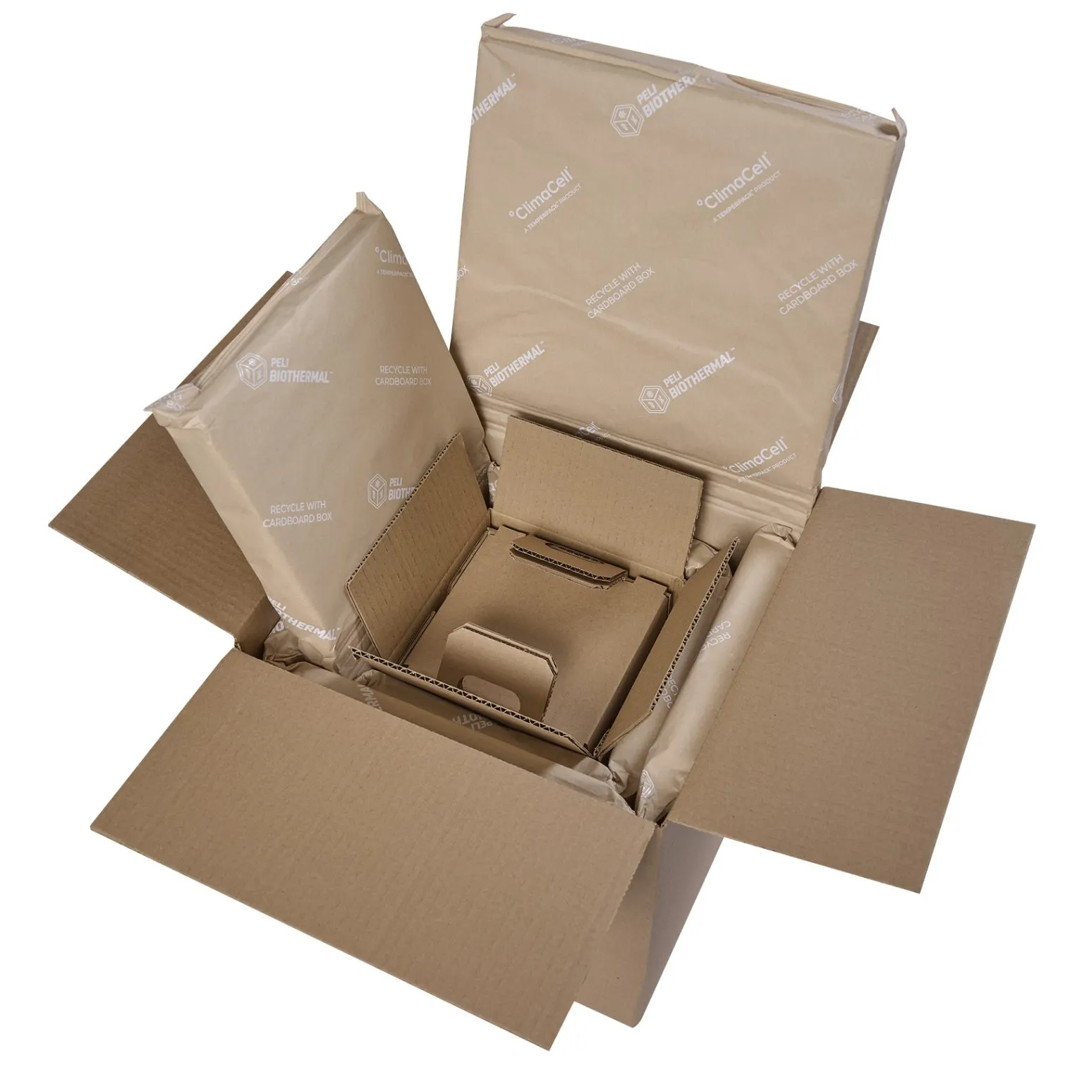 An open box with fiber-based insulation inside that has Peli BioThermal's branding and messaging to recycle the packaging.