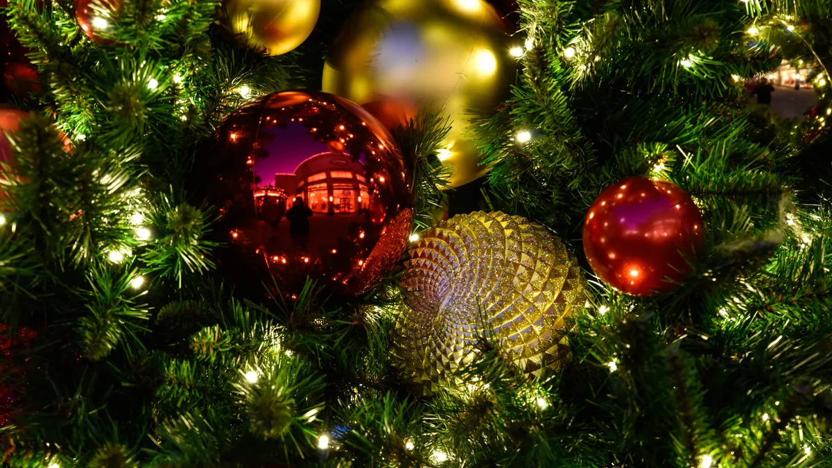 A closeup of a holiday tree with lights and ornaments.