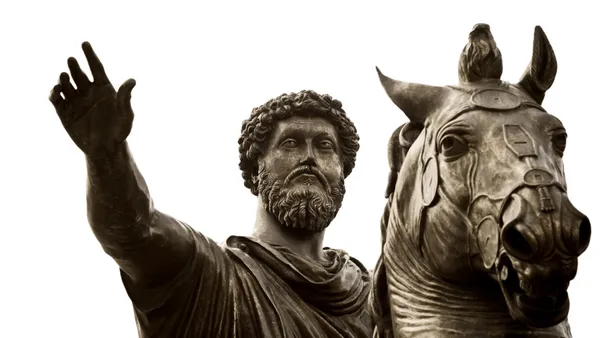 An equestrian statue of Roman emperor and stoic philosopher Marcus Aurelius on Capitoline Hill in Rome, Italy.