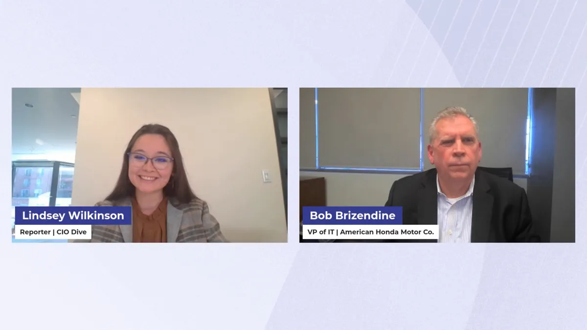 CIO Dive Reporter Lindsey Wilkinson discusses data and AI strategy with American Honda VP of IT Bob Brizendine, during a CIO Dive virtual event on March 21, 2024.