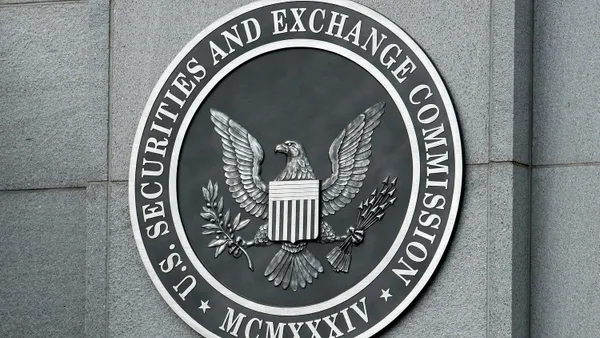 The U.S. Securities and Exchange Commission seal hangs on the facade of its building.