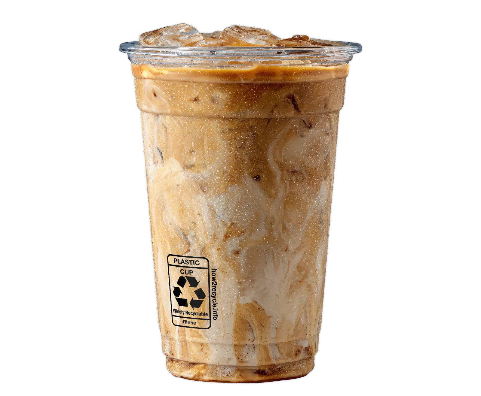 A clear plastic cup with a coffee beverage inside bears an exterior How2Recycle label that says "widely recyclable."