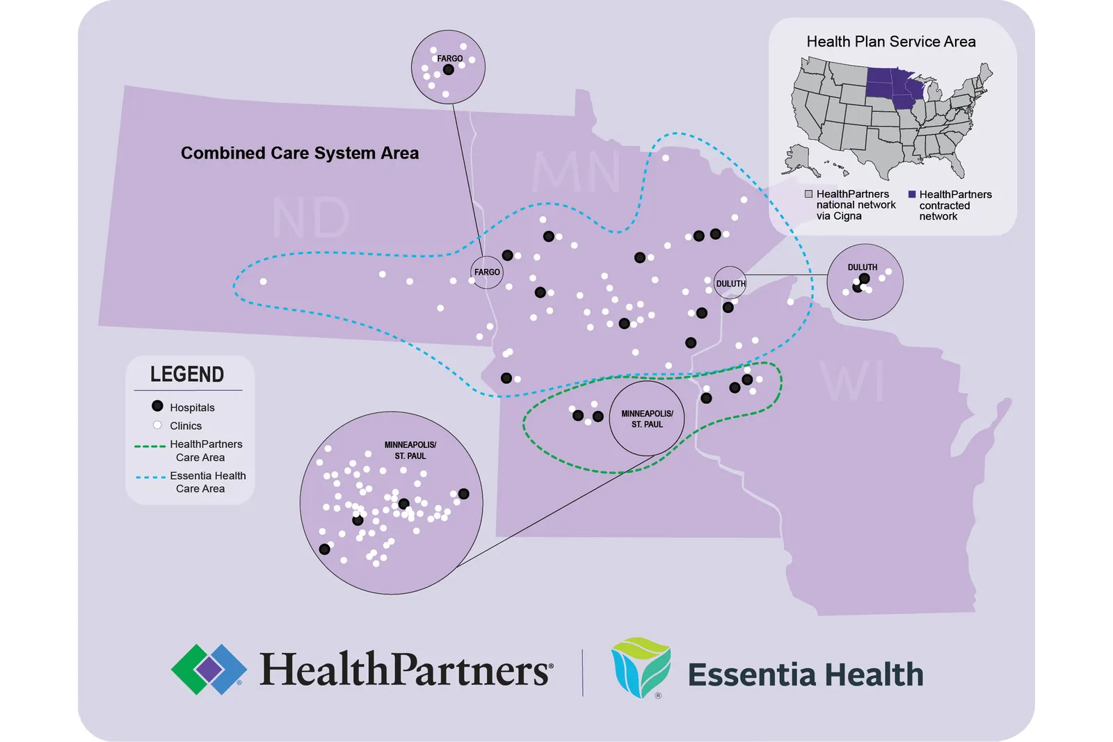 A service map showing Essentia and HealthPartners