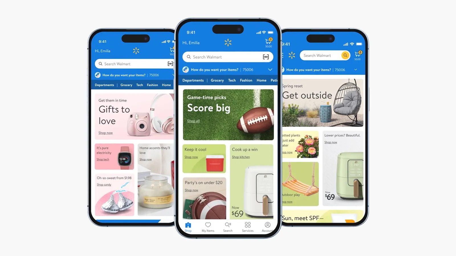 Walmart app homepages on three phones.
