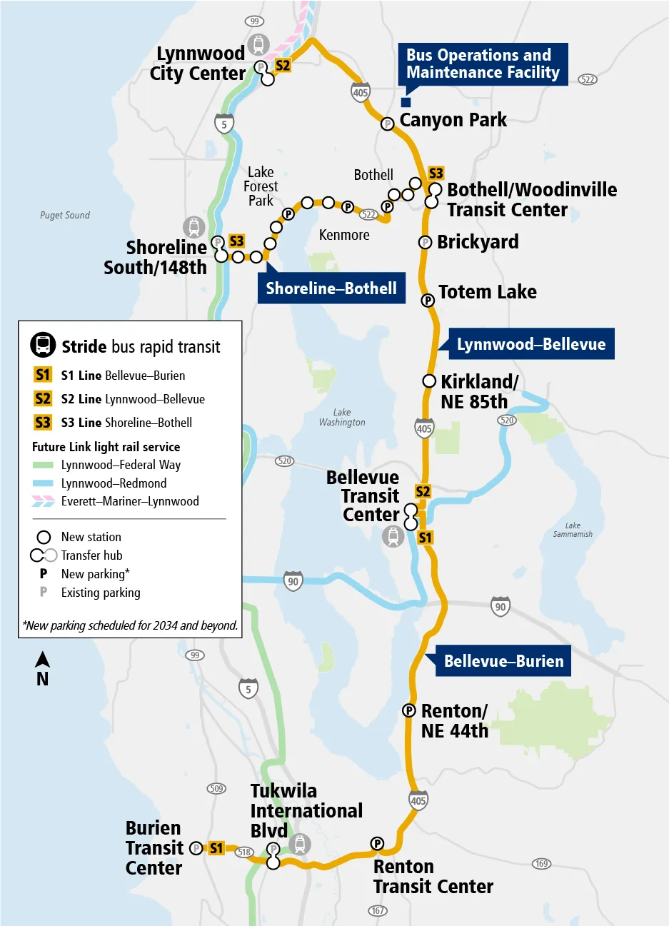 Map of the routes and stations for future Stride bus rapid transit service.