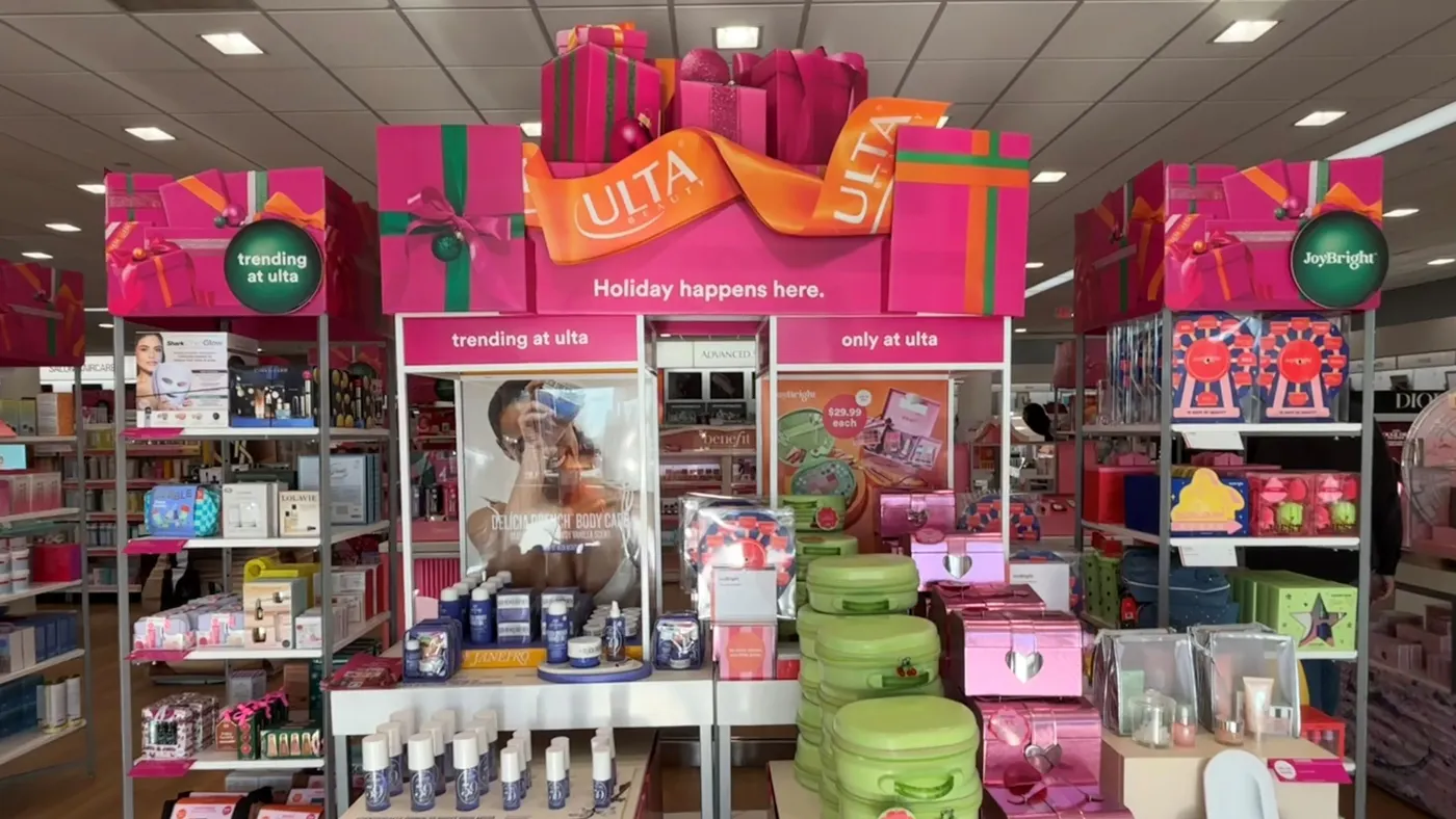 Interior holiday store display of products at Ulta Beauty