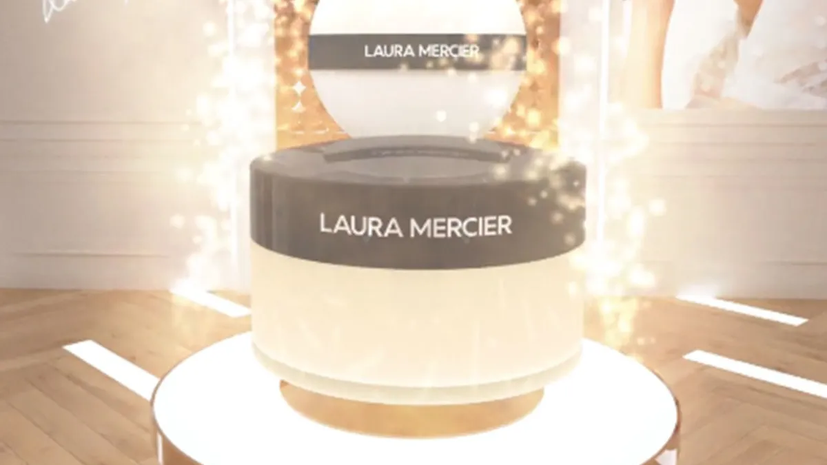 Digital representation of a Laura Mercier product on a pedestal. A picture of a woman is in the top right corner.