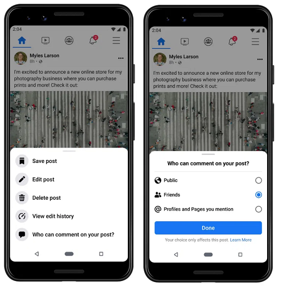 Facebook comment controls