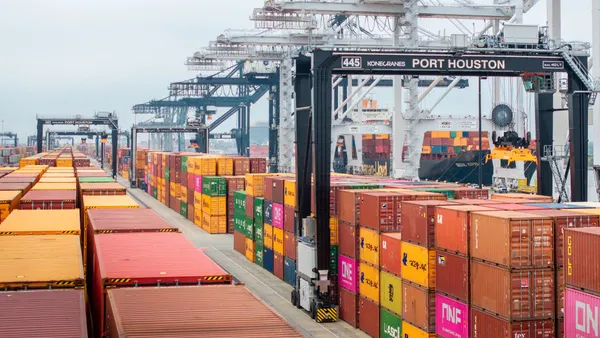 Several rows of ocean containers organized at port located in Houston, Texas.