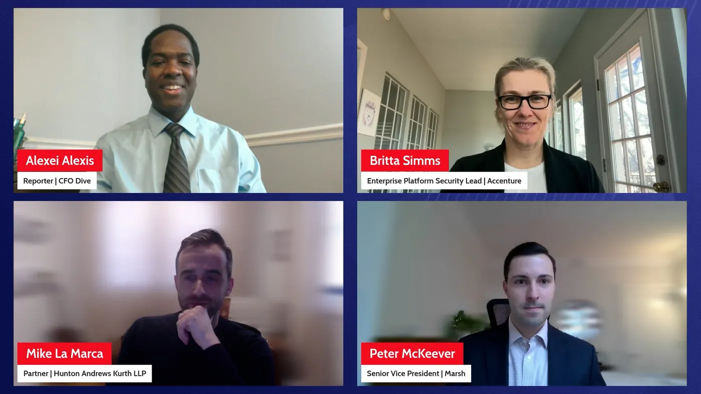 Image of webinar screen showing three speakers and a reporter