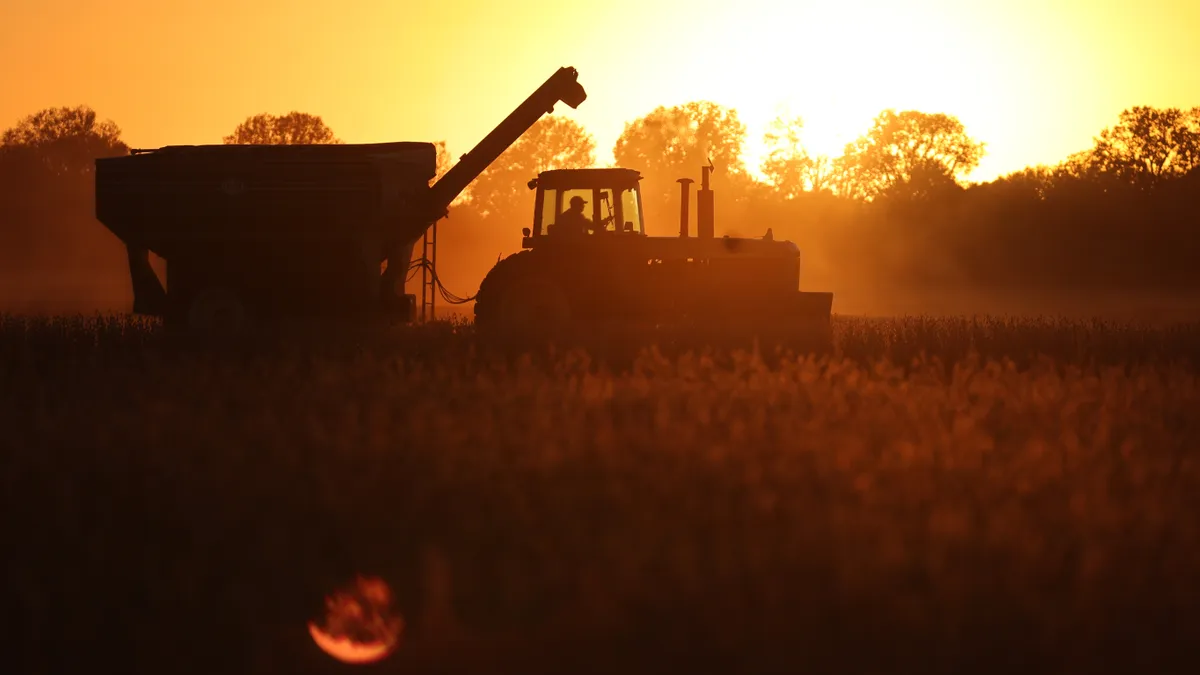 A tractor moves across a field of soybeans