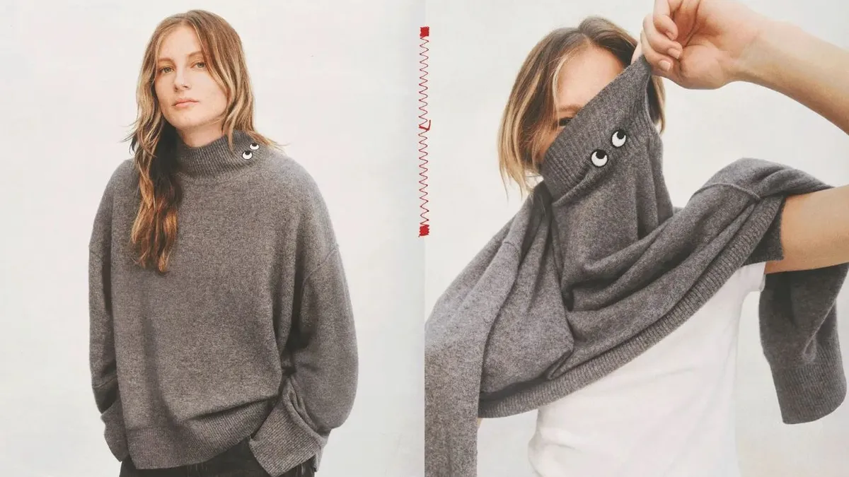 Two side-by-side pictures feature a person wearing a gray turtleneck sweater with a googly-eye design on the collar.