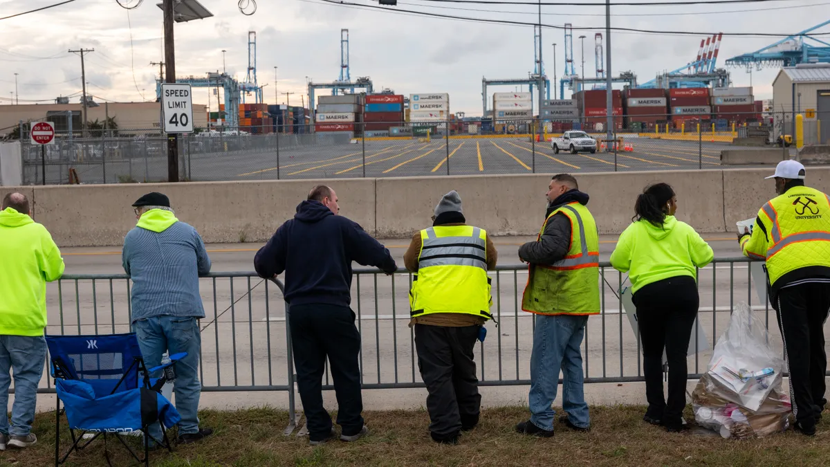 Dockworkers striking at an ocean port.