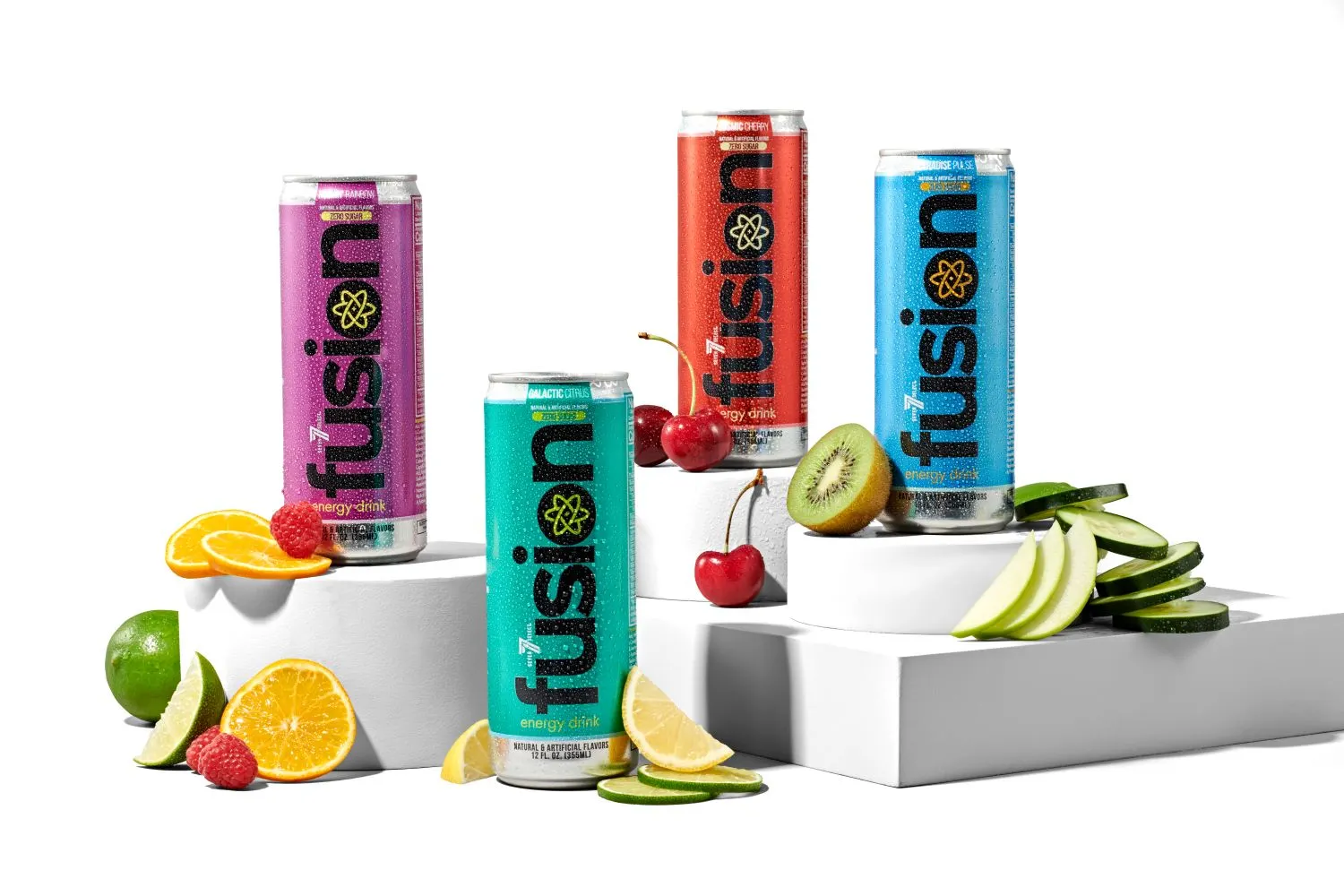 A photo of a number of cans of energy drink against a white background. The cans all say Fusion.