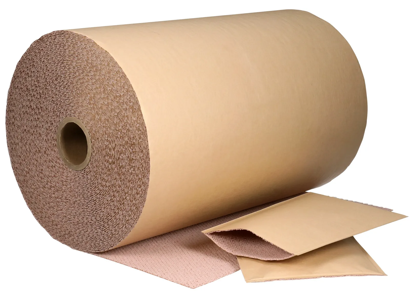 A roll of paper with fiber padding next to a shipping envelope made from the material.