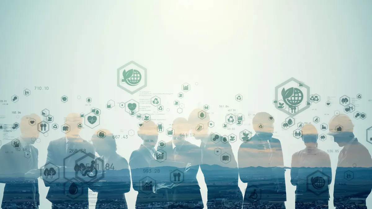 group of people with emblems of esg technology around them