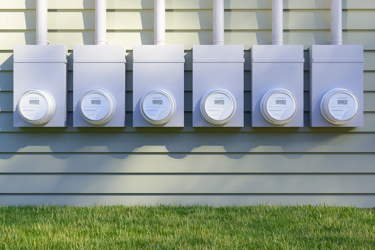 Front View Of Electric Meters On Building Facade