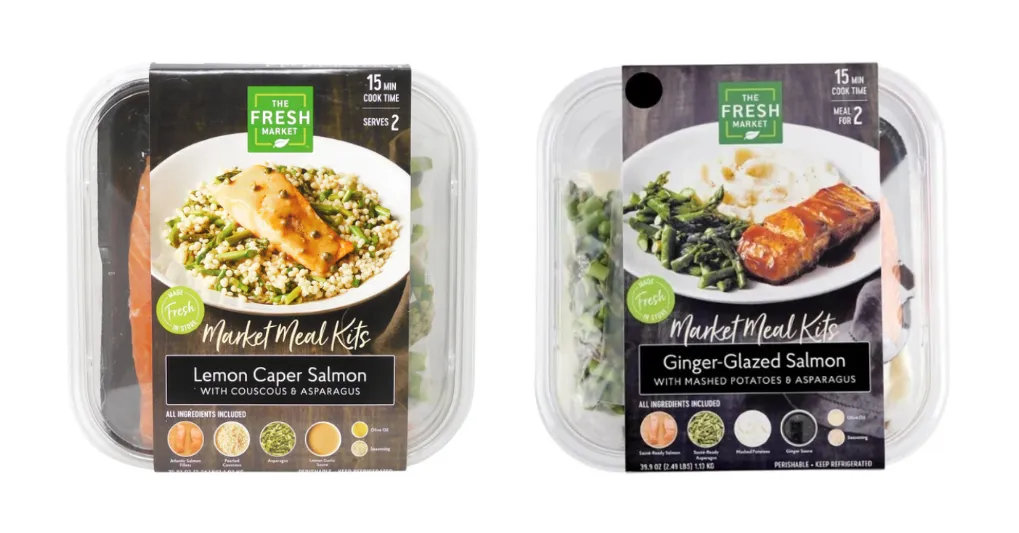 Two meal kits displaying two different salmon dinners