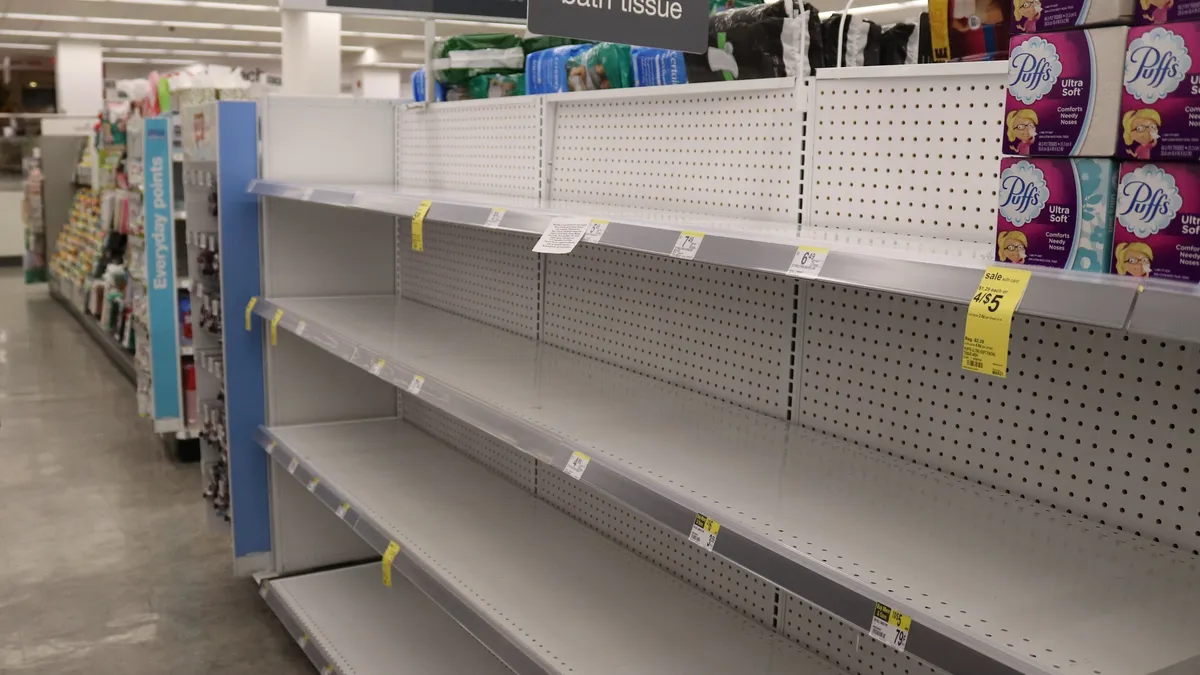 Empty Paper Goods Shelves at Walgreens at Union Station Shopping Mall at 50 Massachusetts Avenue, NE, Washington DC on Thursday morning,19 March 2020