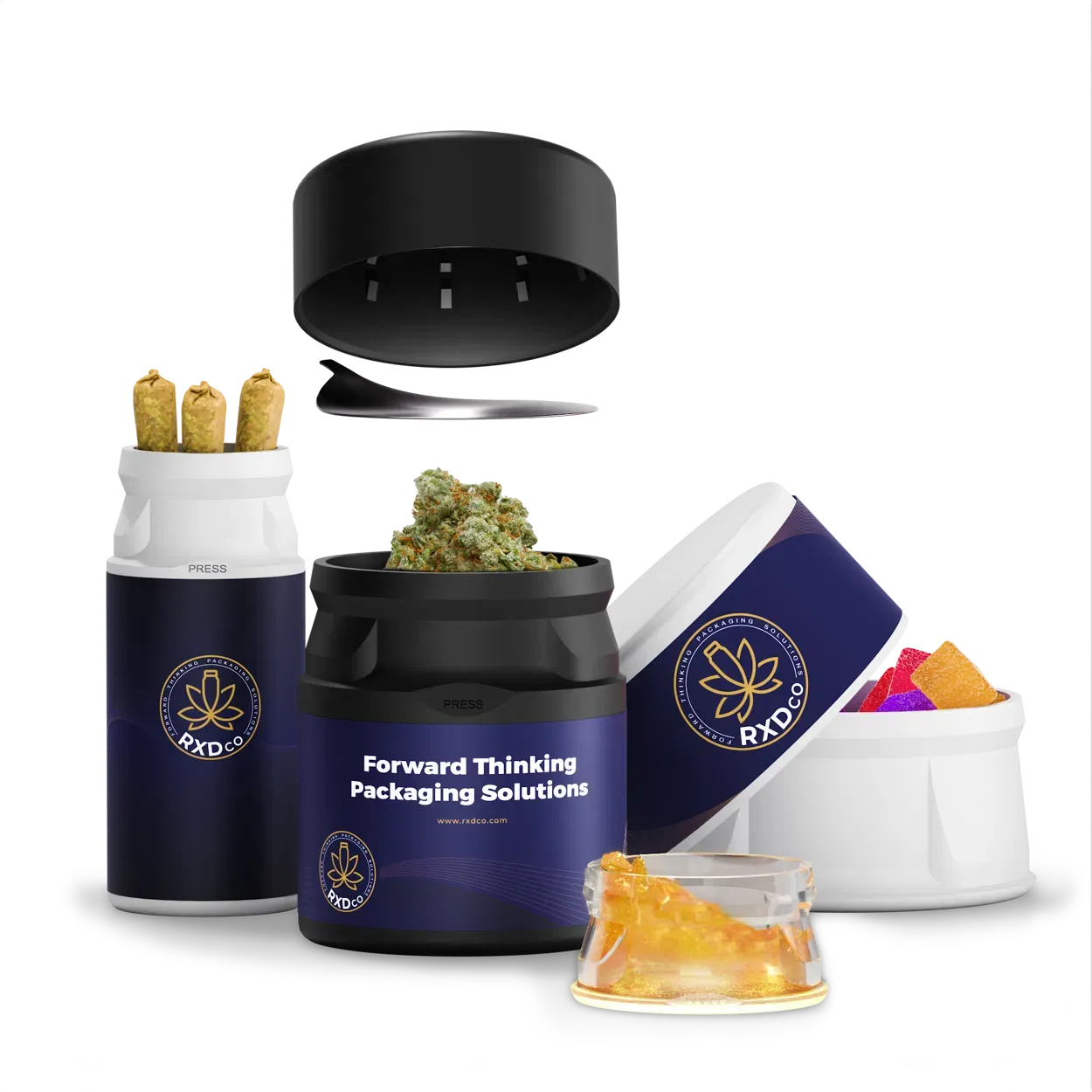 Containers sporting RXDco&#x27;s logo hold various cannabis products.