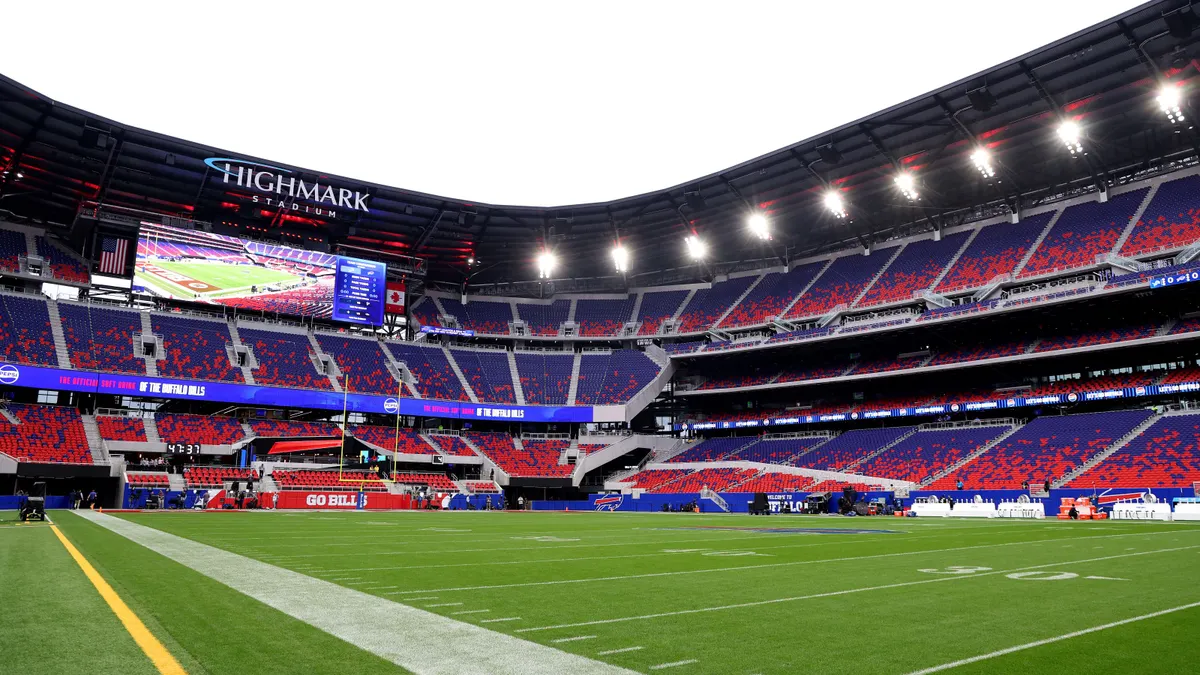 A view of a professional football stadium at field level.