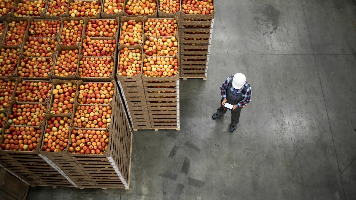 Top view of worker standing by apple fruit crates in organic food factory warehouse. - stock photo