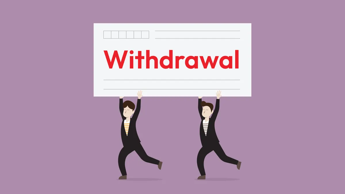 two cartoon men in suits carrying a large withdrawal slip are running